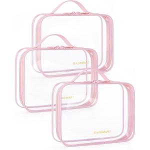 image:imageBAGSMART Clear Toiletry Bag TSA Approved Travel Toiletry Bag Carry On Travel Accessories Bag Airport Airline Quart Size Bags waterresistant Makeup Bag for WomenClear Pinkwith handle180 open