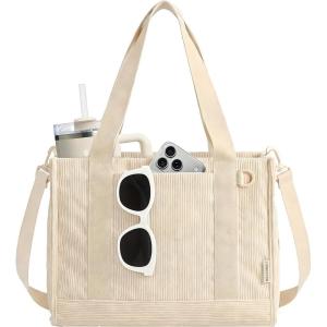 image:imageBAGSMART Corduroy Beach Tote Bag for Women TravelWork Small Crossbody Bag for TeacherNurse  12L fits 14 laptop 40oz tumbler holder 5L fits Kindle w zipper pockets For work travel mothers day giftsCream Beige