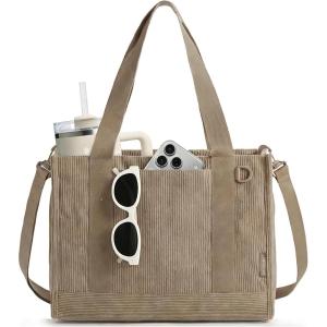 image:imageBAGSMART Corduroy Beach Tote Bag for Women TravelWork Small Crossbody Bag for TeacherNurse  12L fits 14 laptop 40oz tumbler holder 5L fits Kindle w zipper pockets For work travel mothers day giftsCamel