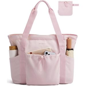 image:imageBAGSMART Foldable Tote Bag with Drawstring Bag Tote Bag Shoulder Bag Top Handle Handbag for Travel Work Beach GymFoldablepink