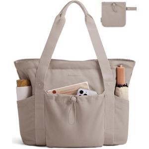 image:imageBAGSMART Foldable Tote Bag with Drawstring Bag Tote Bag Shoulder Bag Top Handle Handbag for Travel Work Beach GymGrayish Brown