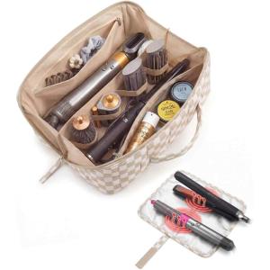 image:imageBAGSMART Hair Tool Organizer Travel Bag Compatible with Dyson Airwrap Shark Hair Dryer Wideopen Accessories Organizer with Heat Resistant Mat Makeup Bag for Dyson Attachments Curling Iron BrownKhaki Brown Checkered Print