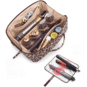 image:imageBAGSMART Hair Tool Organizer Travel Bag Compatible with Dyson Airwrap Shark Hair Dryer Wideopen Accessories Organizer with Heat Resistant Mat Makeup Bag for Dyson Attachments Curling Iron BrownLeopard Print