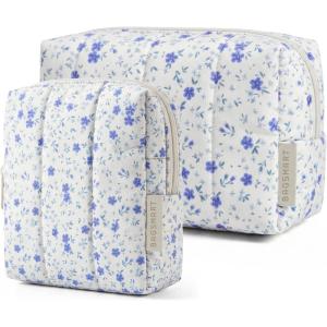 image:imageBAGSMART Makeup Bag Duo Set Puffy Padded Travel Cosmetic Organizer with Slipin Pockets Large Toiletry Bag amp Small Purse Pouch Travel Essentials for Women Black18Blue Ditsy Floral