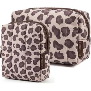 image:imageBAGSMART Makeup Bag Duo Set Puffy Padded Travel Cosmetic Organizer with Slipin Pockets Large Toiletry Bag amp Small Purse Pouch Travel Essentials for Women Black17Leopard