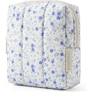 image:imageBAGSMART Makeup Bag Duo Set Puffy Padded Travel Cosmetic Organizer with Slipin Pockets Large Toiletry Bag amp Small Purse Pouch Travel Essentials for Women Black11Blue Ditsy Floral