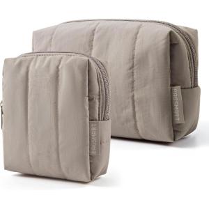 image:imageBAGSMART Makeup Bag Duo Set Puffy Padded Travel Cosmetic Organizer with Slipin Pockets Large Toiletry Bag amp Small Purse Pouch Travel Essentials for Women Black14Brown