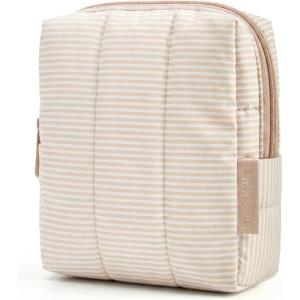 image:imageBAGSMART Makeup Bag Duo Set Puffy Padded Travel Cosmetic Organizer with Slipin Pockets Large Toiletry Bag amp Small Purse Pouch Travel Essentials for Women Black10Khaki Strip