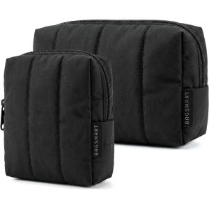 image:imageBAGSMART Makeup Bag Duo Set Puffy Padded Travel Cosmetic Organizer with Slipin Pockets Large Toiletry Bag amp Small Purse Pouch Travel Essentials for Women Black13Black