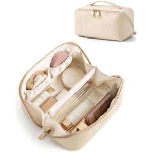 image:imageBAGSMART Makeup Bag Travel Cosmetic Bag Large Make Up Bag Flat Open Toiletry Bag for Women PU Leather Travel Essentials Organizer Case Wideopen Pouch Purse for Skincare Brushes Classic Brown10 Cream Beige