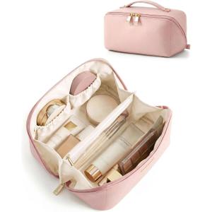 image:imageBAGSMART Makeup Bag Travel Cosmetic Bag Large Make Up Bag Flat Open Toiletry Bag for Women PU Leather Travel Essentials Organizer Case Wideopen Pouch Purse for Skincare Brushes Classic Brown03 Pink