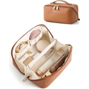 image:imageBAGSMART Makeup Bag Travel Cosmetic Bag Large Make Up Bag Flat Open Toiletry Bag for Women PU Leather Travel Essentials Organizer Case Wideopen Pouch Purse for Skincare Brushes Classic Brown01 Classic Brown