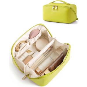 image:imageBAGSMART Makeup Bag Travel Cosmetic Bag Large Make Up Bag Flat Open Toiletry Bag for Women PU Leather Travel Essentials Organizer Case Wideopen Pouch Purse for Skincare Brushes Classic Brown18 Light Green