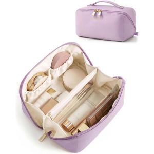 image:imageBAGSMART Makeup Bag Travel Cosmetic Bag Large Make Up Bag Flat Open Toiletry Bag for Women PU Leather Travel Essentials Organizer Case Wideopen Pouch Purse for Skincare Brushes Classic Brown16 Lilac