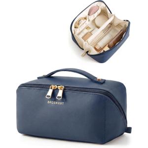 image:imageBAGSMART Makeup Bag Travel Cosmetic Bag Large Make Up Bag Flat Open Toiletry Bag for Women PU Leather Travel Essentials Organizer Case Wideopen Pouch Purse for Skincare Brushes Classic Brown13 Deep Navy