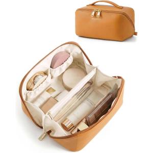 image:imageBAGSMART Makeup Bag Travel Cosmetic Bag Large Make Up Bag Flat Open Toiletry Bag for Women PU Leather Travel Essentials Organizer Case Wideopen Pouch Purse for Skincare Brushes Classic Brown20 Ginger Yellow