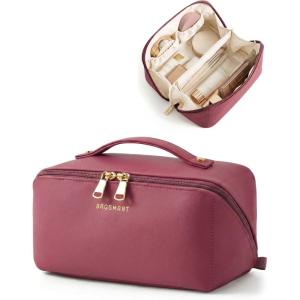 image:imageBAGSMART Makeup Bag Travel Cosmetic Bag Large Make Up Bag Flat Open Toiletry Bag for Women PU Leather Travel Essentials Organizer Case Wideopen Pouch Purse for Skincare Brushes Classic Brown15 Burgundy