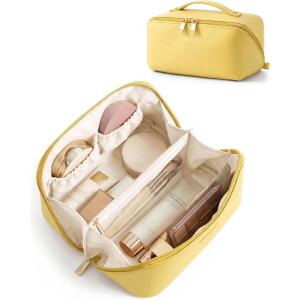 image:imageBAGSMART Makeup Bag Travel Cosmetic Bag Large Make Up Bag Flat Open Toiletry Bag for Women PU Leather Travel Essentials Organizer Case Wideopen Pouch Purse for Skincare Brushes Classic Brown19 Yellow