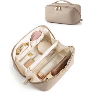 image:imageBAGSMART Makeup Bag Travel Cosmetic Bag Large Make Up Bag Flat Open Toiletry Bag for Women PU Leather Travel Essentials Organizer Case Wideopen Pouch Purse for Skincare Brushes Classic Brown05 Camel