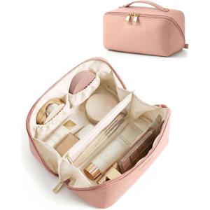image:imageBAGSMART Makeup Bag Travel Cosmetic Bag Large Make Up Bag Flat Open Toiletry Bag for Women PU Leather Travel Essentials Organizer Case Wideopen Pouch Purse for Skincare Brushes Classic Brown04 Nude Pink