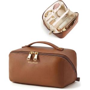 image:imageBAGSMART Makeup Bag Travel Cosmetic Bag Large Make Up Bag Flat Open Toiletry Bag for Women PU Leather Travel Essentials Organizer Case Wideopen Pouch Purse for Skincare Brushes Classic Brown09 Coffee Brown