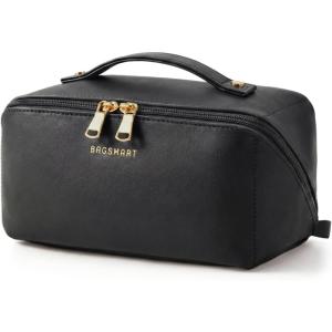 image:imageBAGSMART Makeup Bag Travel Cosmetic Bag Large Make Up Bag Flat Open Toiletry Bag for Women PU Leather Travel Essentials Organizer Case Wideopen Pouch Purse for Skincare Brushes Classic Brown02 Black