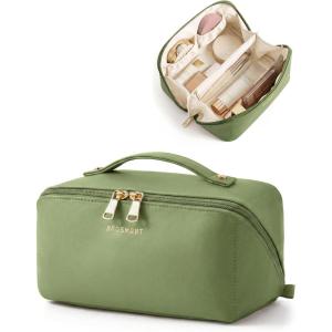 image:imageBAGSMART Makeup Bag Travel Cosmetic Bag Large Make Up Bag Flat Open Toiletry Bag for Women PU Leather Travel Essentials Organizer Case Wideopen Pouch Purse for Skincare Brushes Classic Brown17 Dark Green