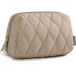 image:imageBAGSMART Makeup Bag Travel Cosmetic Bag Puffy Padded Make Up Bag for Women Makeup Organizer Case Wideopen Pouch Purse Travel Essentials Toiletries Accessories Brushes PinkDKhaki