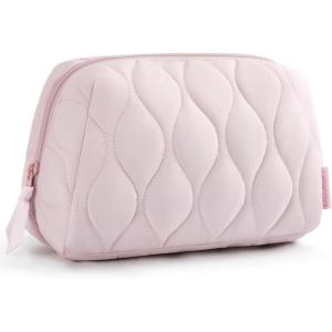 image:imageBAGSMART Makeup Bag Travel Cosmetic Bag Puffy Padded Make Up Bag for Women Makeup Organizer Case Wideopen Pouch Purse Travel Essentials Toiletries Accessories Brushes PinkAPink