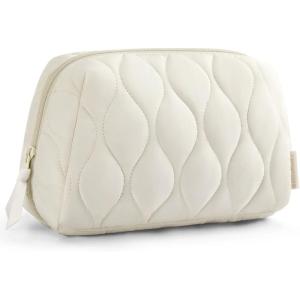 image:imageBAGSMART Makeup Bag Travel Cosmetic Bag Puffy Padded Make Up Bag for Women Makeup Organizer Case Wideopen Pouch Purse Travel Essentials Toiletries Accessories Brushes PinkEBeige