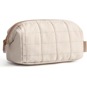 image:imageBAGSMART Makeup Bag Travel Toiletry Bag Puffy Padded Make Up Bags for Women Makeup Organizer Case Wideopen Pouch Purse Travel Essentials Toiletries Accessories Brushes Pink21Strip Khaki Brown
