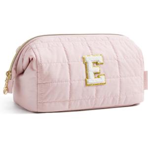 image:imageBAGSMART Makeup Bag Travel Toiletry Bag Puffy Padded Make Up Bags for Women Makeup Organizer Case Wideopen Pouch Purse Travel Essentials Toiletries Accessories Brushes Pink26Letter E