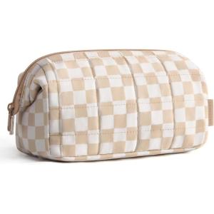 image:imageBAGSMART Makeup Bag Travel Toiletry Bag Puffy Padded Make Up Bags for Women Makeup Organizer Case Wideopen Pouch Purse Travel Essentials Toiletries Accessories Brushes Pink20Checkered Khaki