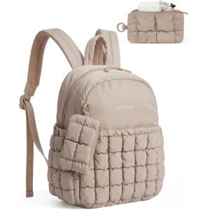 image:imageBAGSMART Mini Backpacks for Women Puffy Checkered Quilted Small Backpack with Pouch Lightweight Daypack Purse WaterResistant Bookbag for Daily Travel College 2in1 Set BlackLatte Brown