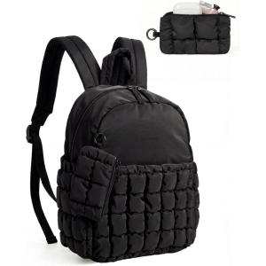 image:imageBAGSMART Mini Backpacks for Women Puffy Checkered Quilted Small Backpack with Pouch Lightweight Daypack Purse WaterResistant Bookbag for Daily Travel College 2in1 Set BlackJet Black