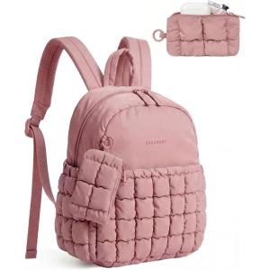 image:imageBAGSMART Mini Backpacks for Women Puffy Checkered Quilted Small Backpack with Pouch Lightweight Daypack Purse WaterResistant Bookbag for Daily Travel College 2in1 Set BlackDark Pink