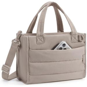 image:imageBAGSMART Mini Tote Bag for Women Puffer Quilted Crossbody Purses Zipper Closure for Work Travel College Coffee  6L Mini tote Ipad mini NA tumbler Small Crossbody Purse for women Teacher bag6ldesert