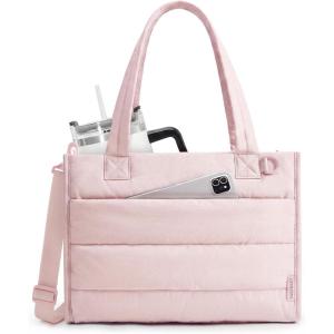 image:imageBAGSMART Mini Tote Bag for Women Puffer Quilted Crossbody Purses Zipper Closure for Work Travel College Coffee  6L Mini tote Ipad mini NA tumbler Small Crossbody Purse for women Teacher bag14lpink