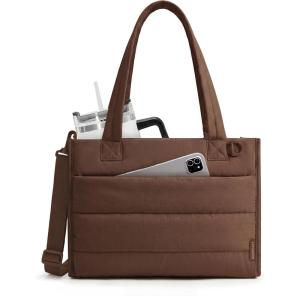 image:imageBAGSMART Mini Tote Bag for Women Puffer Quilted Crossbody Purses Zipper Closure for Work Travel College Coffee  6L Mini tote Ipad mini NA tumbler Small Crossbody Purse for women Teacher bag14lchocolate