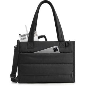 image:imageBAGSMART Mini Tote Bag for Women Puffer Quilted Crossbody Purses Zipper Closure for Work Travel College Coffee  6L Mini tote Ipad mini NA tumbler Small Crossbody Purse for women Teacher bag14lblack