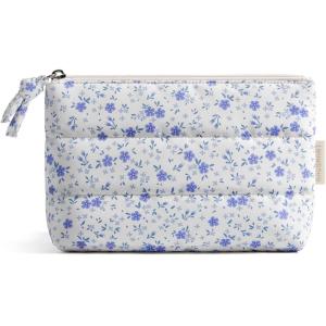 image:imageBAGSMART Small Makeup Bag Puffy Portable Cosmetic Pouch with Charm Zipper WaterResistant Travel Organizer for Women Baby Pink SmallBlue Ditsy Floral