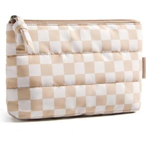 image:imageBAGSMART Small Makeup Bag Puffy Portable Cosmetic Pouch with Charm Zipper WaterResistant Travel Organizer for Women Baby Pink SmallKhaki Checkerboard