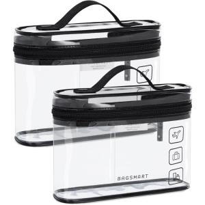 image:imageBAGSMART TSA Approved Toiletry Bag 2 Pack Clear Makeup Cosmetic Bag Organizer Quart Size Travel Bag for Toiletries Carryon Travel Accessories Essentials Pink2pcsBlack