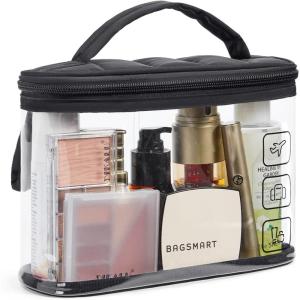 image:imageBAGSMART TSA Approved Toiletry Bag 2 Pack Clear Makeup Cosmetic Bag Organizer Quart Size Travel Bag for Toiletries Carryon Travel Accessories Essentials Pink2pcsBlackPuffy Top