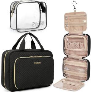 image:imageBAGSMART Toiletry Bag Hanging Travel Makeup Organizer with TSA Approved Transparent Cosmetic Bag Makeup Bag for Full Sized Toiletries LargePinkBlack