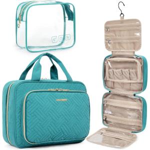 image:imageBAGSMART Toiletry Bag Hanging Travel Makeup Organizer with TSA Approved Transparent Cosmetic Bag Makeup Bag for Full Sized Toiletries LargePinkBlue