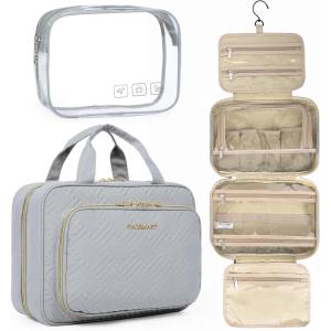 image:imageBAGSMART Toiletry Bag Hanging Travel Makeup Organizer with TSA Approved Transparent Cosmetic Bag Makeup Bag for Full Sized Toiletries LargePinkGrey