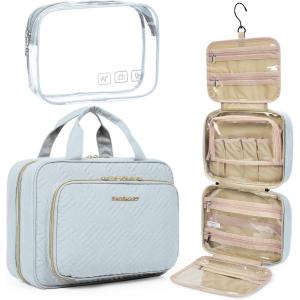 image:imageBAGSMART Toiletry Bag Hanging Travel Makeup Organizer with TSA Approved Transparent Cosmetic Bag Makeup Bag for Full Sized Toiletries LargePinkLight Blue