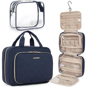 image:imageBAGSMART Toiletry Bag Hanging Travel Makeup Organizer with TSA Approved Transparent Cosmetic Bag Makeup Bag for Full Sized Toiletries LargePinkNavy