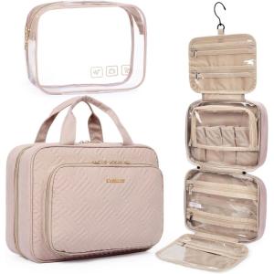 image:imageBAGSMART Toiletry Bag Hanging Travel Makeup Organizer with TSA Approved Transparent Cosmetic Bag Makeup Bag for Full Sized Toiletries LargePinkPink